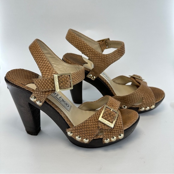 JIMMY CHOO Leather Snake Embossed Tan and Brown Wood High Heels. Size 38 US 8 - Picture 9 of 15